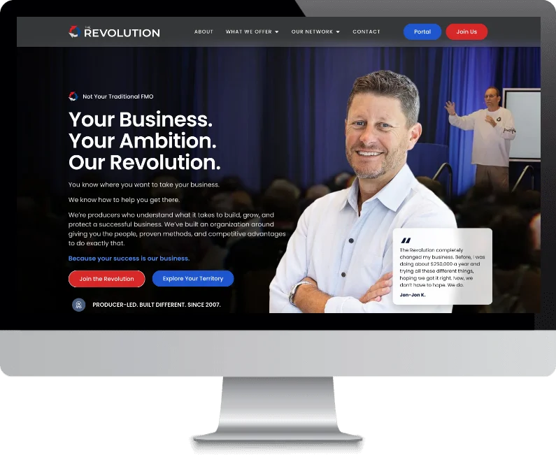 Revolution website hero banner with a smiling man and the headline “Your Business. Your Ambition. Our Revolution.”